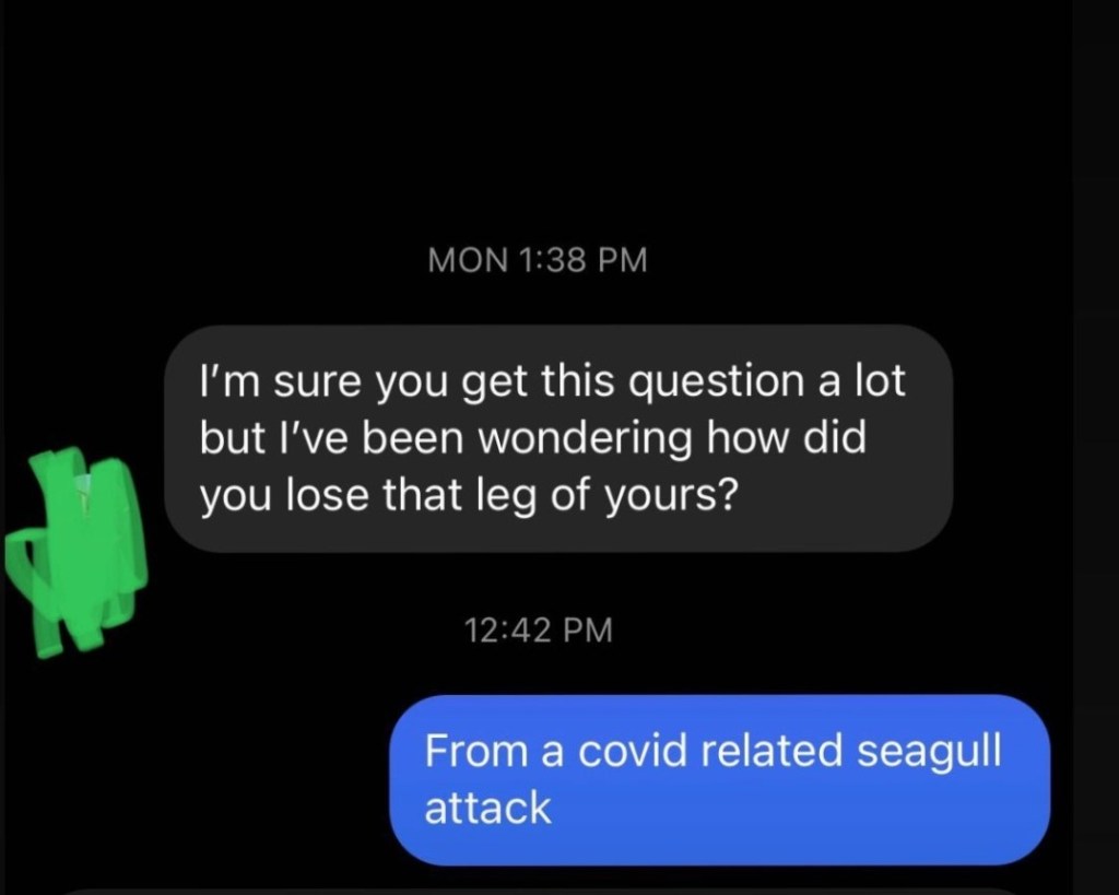 "I'm sure you get this question a lot but I've been wondering how did you lose that leg of yours?" "From a covid related seagull attack"