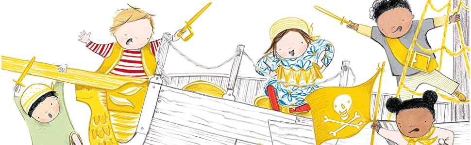 Joe, Simone and all the children are playing pirates - Karen uses a rich gold to illustrate the fantastical elements that really exist only in their imaginations - the sword, a pirate ship, a flag, rigging etc.